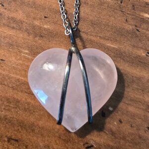 💗 Rose Quartz Heart Shape Necklace | Silver Encased | 16" Real Silver Chain |